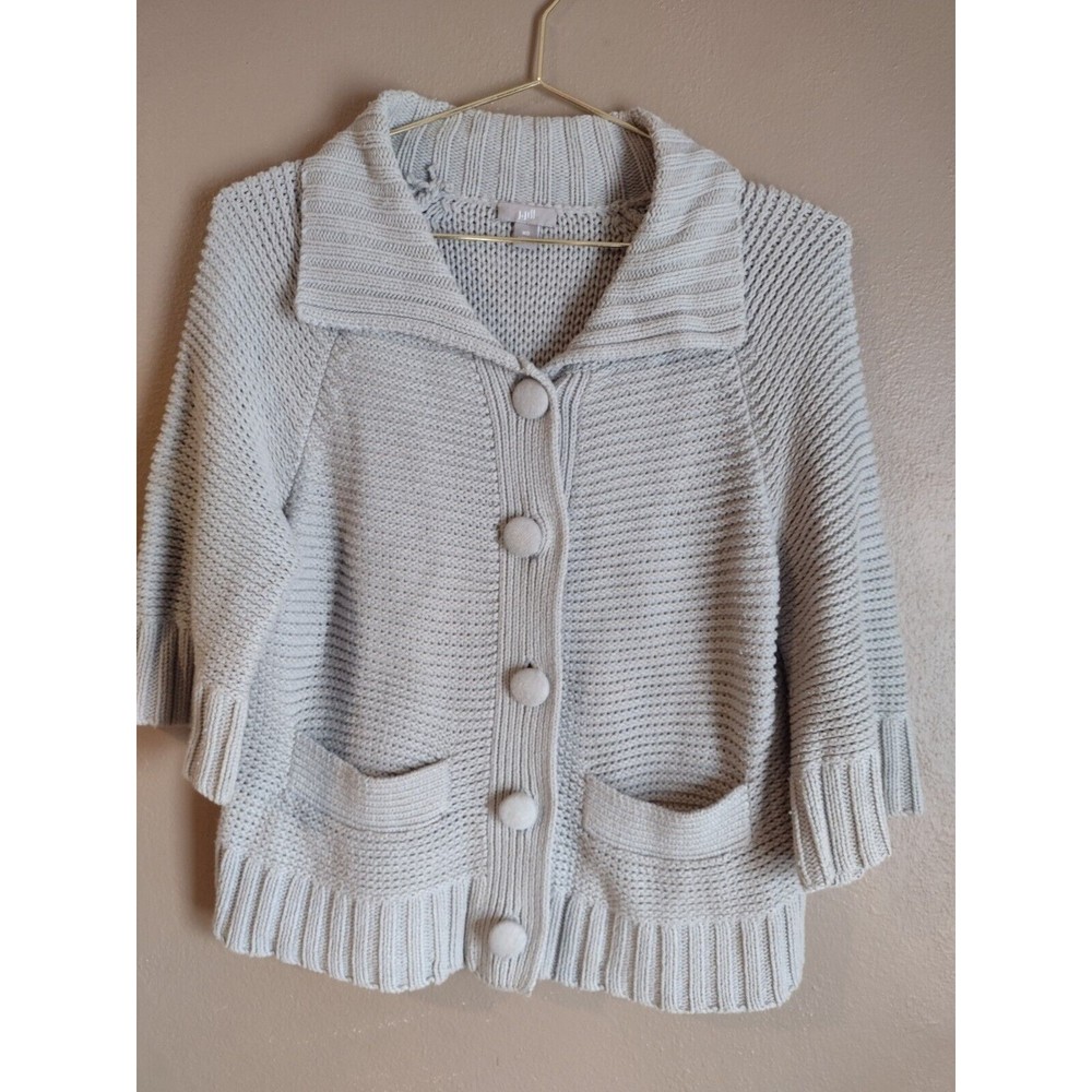J. JILL Extra Small XS Sweater Knit Cardigan Gray Pocket BUTTON UP Heavy Knit
